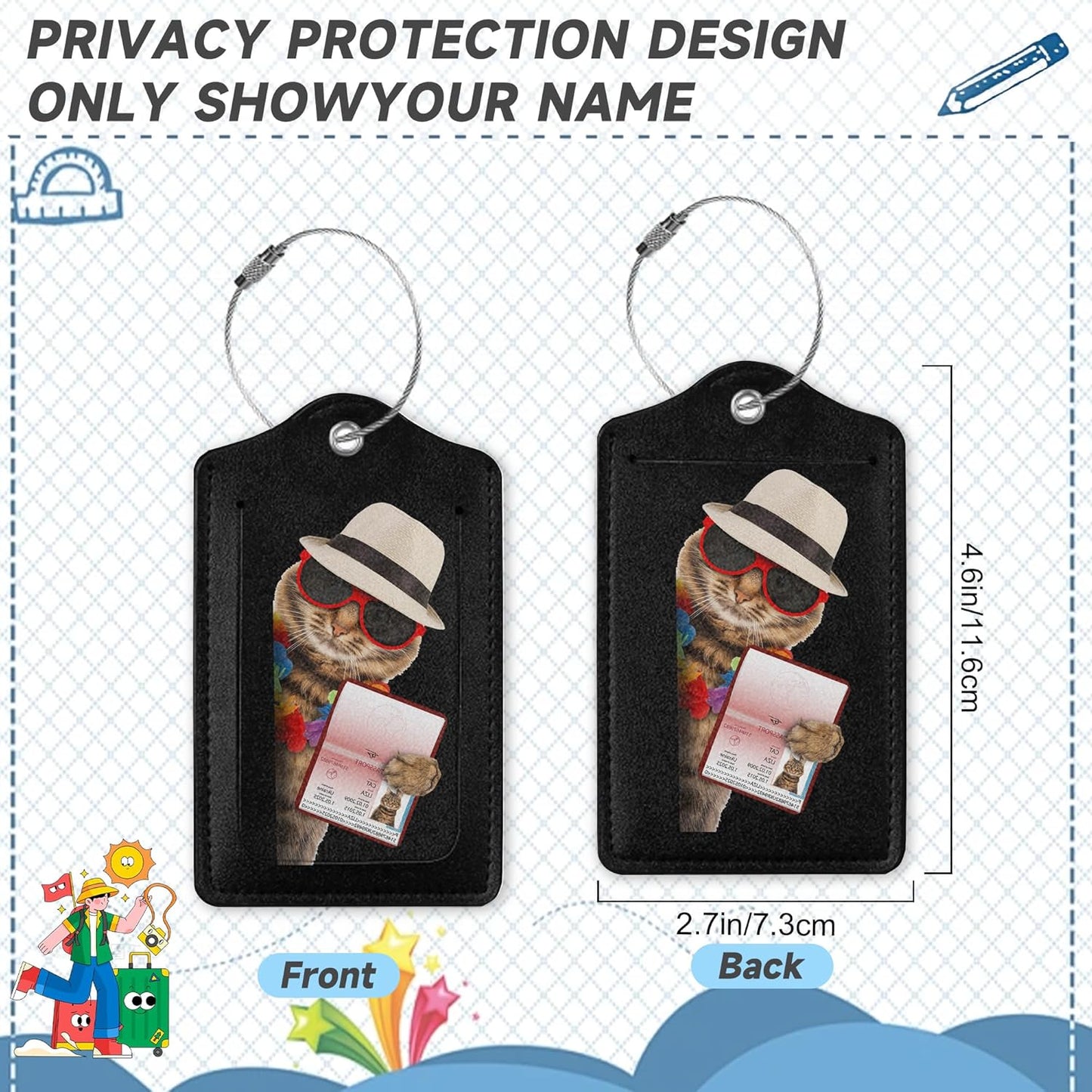 2 Pack Leather Luggage Tag for Suitcase Funny Cat Passport Airline Ticket Unique Travel Tags with Privacy Cover ID Label & Stainless Steel Loop for Men and Women Baggage