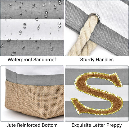 Becokan Beach Bag Initial Beach Tote with Makeup Bag for Travel Work Storage Personalized Birthday Gifts for Women Her