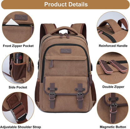 Mactso Canvas Travel Laptop Backpack for Men Women, Business Work Rucksack College Computer Bag Fits 17.3 Inch Notebook,Bookbag with USB Charging Port (Coffee, 17.3 Inch)