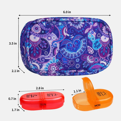 Serfeymi Weekly Travel Pill Organizer 2 Times A Day AM PM Rainbow Pill Box 7 Day with Zipper Canvas Pill Case, Medicine Organizer for Pills, Vitamins, Fish Oils - Green 01+ Purple 01