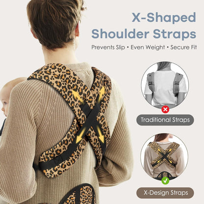 Baby Carrier with Lumbar Support, Cozy Baby Carrier Newborn to Toddler with Adjustable Seat Size, Ergonomic Infant Carrier with 3-Way Carry, Front Facing Toddler Hodler Carrier for Mom & Dad, Leopard