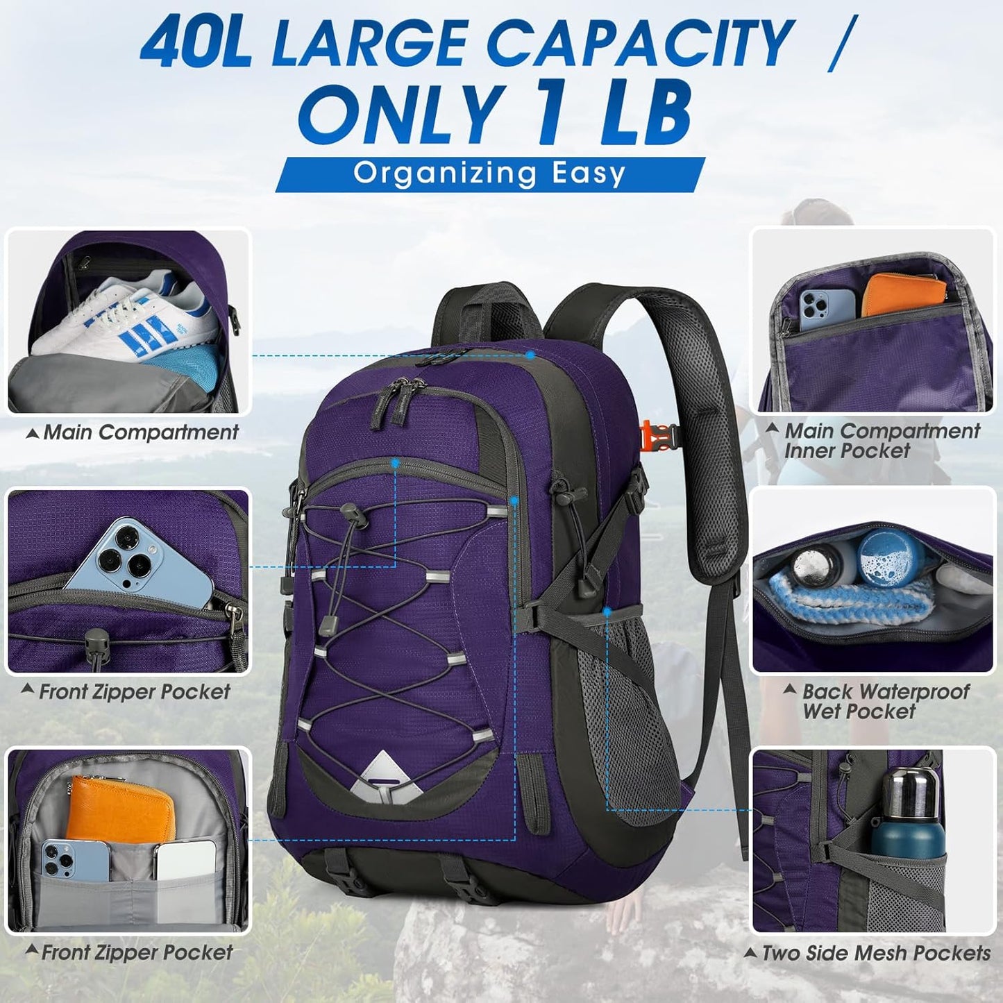 IGOLUMON Hiking Backpack 40L Packable Lightweight Camping Backpack Men Women Waterproof Hiking Daypack Outdoor Travel Daypack