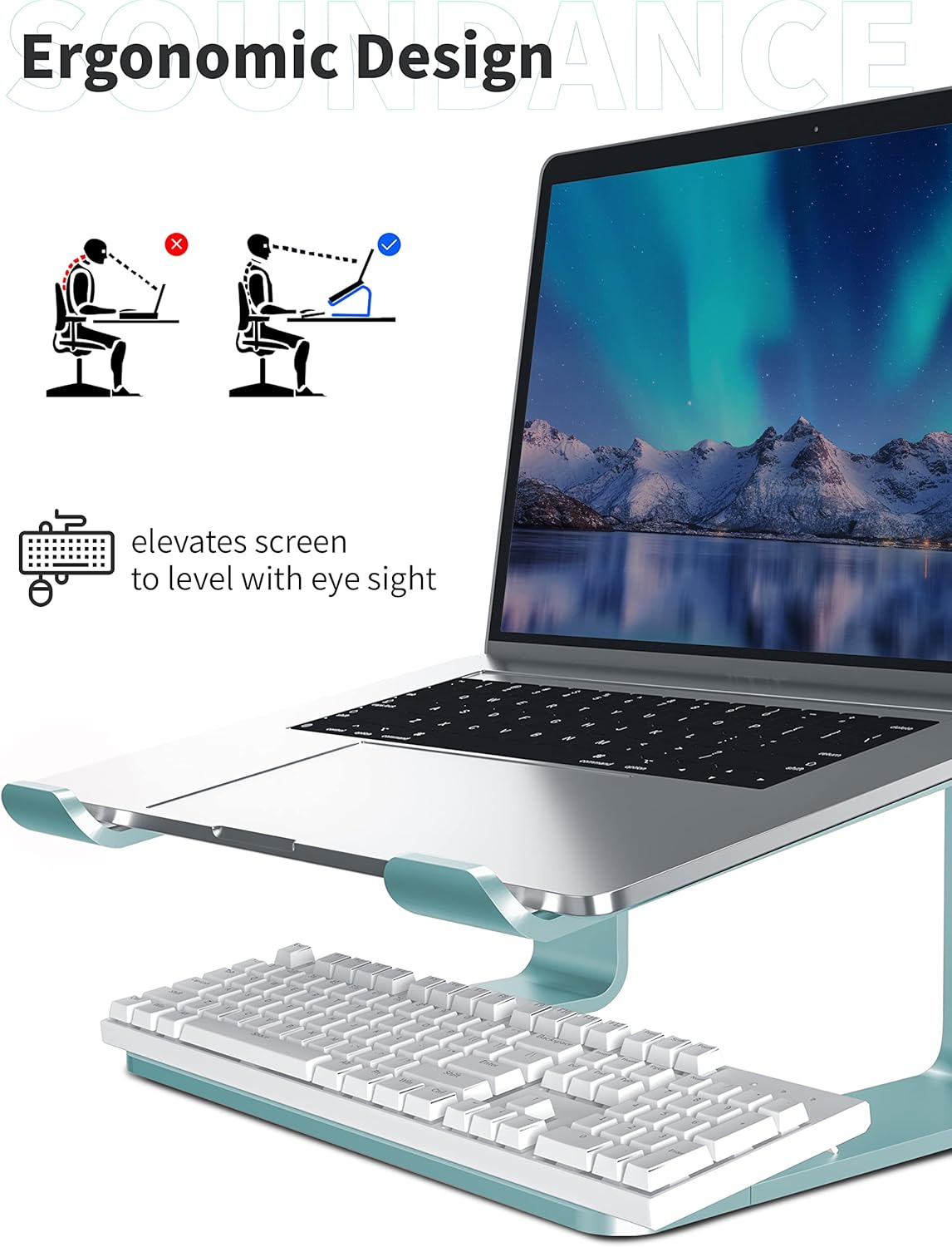 SOUNDANCE Laptop Stand, Aluminum Computer Riser, Ergonomic Laptops Elevator for Desk, Metal Holder Compatible with 10 to 15.6 Inches Notebook Computer, Aquamarine