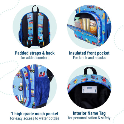 Wildkin 12-inch Kids Backpack – Padded, Adjustable, Ideal for Daycare & Travel - Trains, Planes, and Trucks