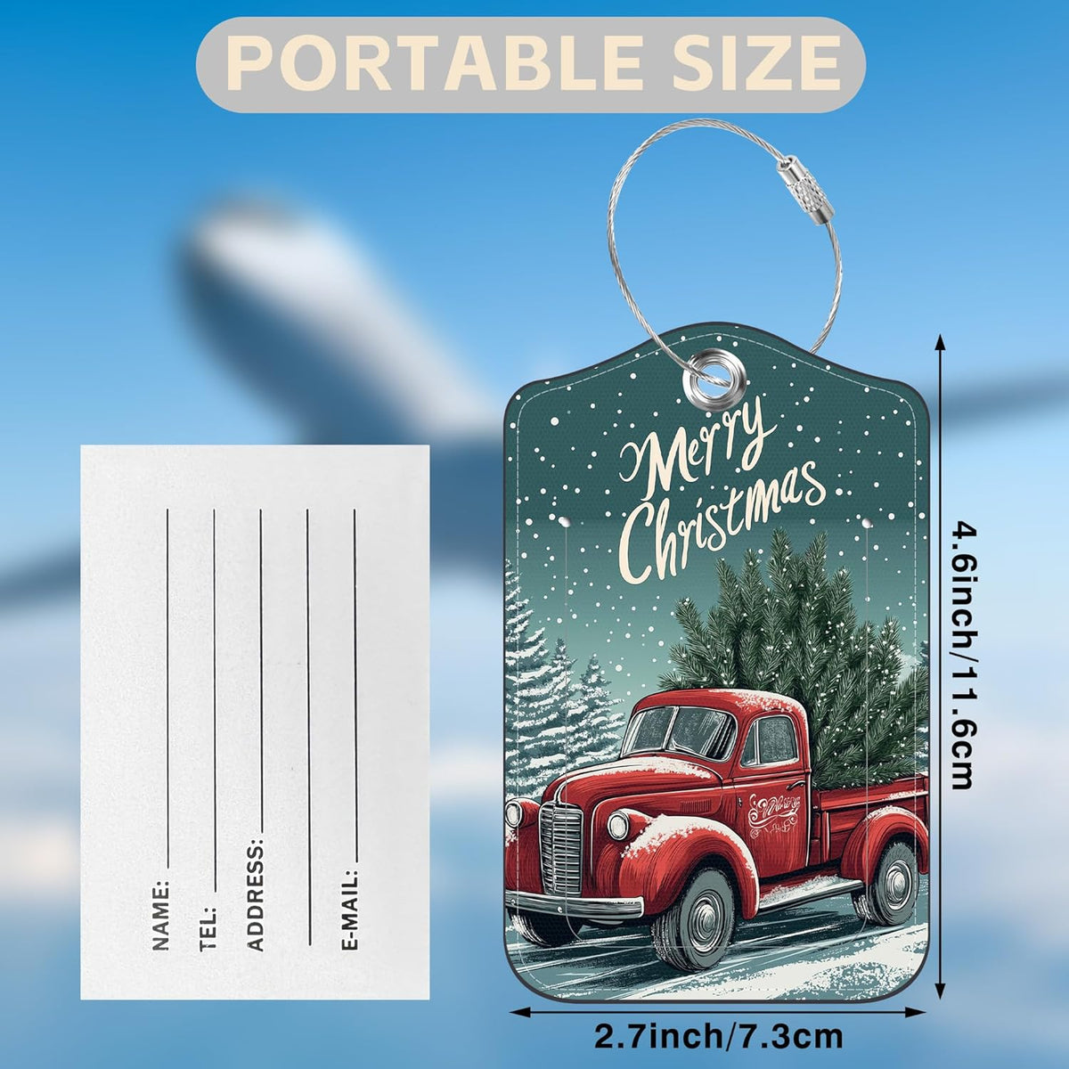 Red Truck Carrying Christmas Tree Set of 2 Luggage Tags for Suitcases Leather Suitcase Tags Identifiers with Privacy Name Label and Stainless Steel Loop for Women Men Travel Luggage Accessories