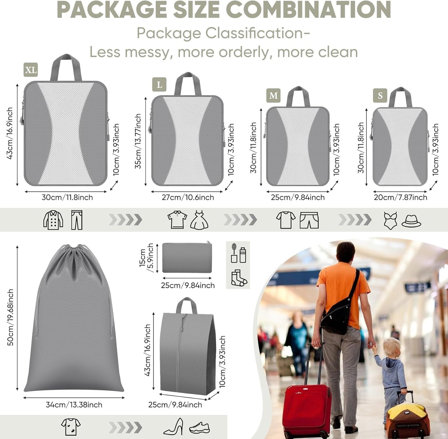 8 Set Compression Packing Cubes for Travel, Packing Cubes Compression Travel Accessories Expandable Packing Organizers for Carry on Luggage Suitcase (Gray)