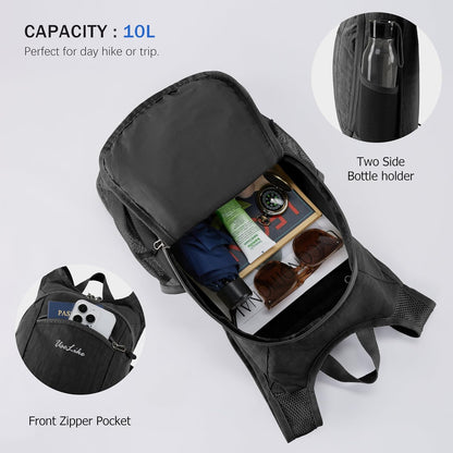 10L Small Hiking Backpack Travel Daypack Lightweight Packable Back Pack for Women Men(Black)