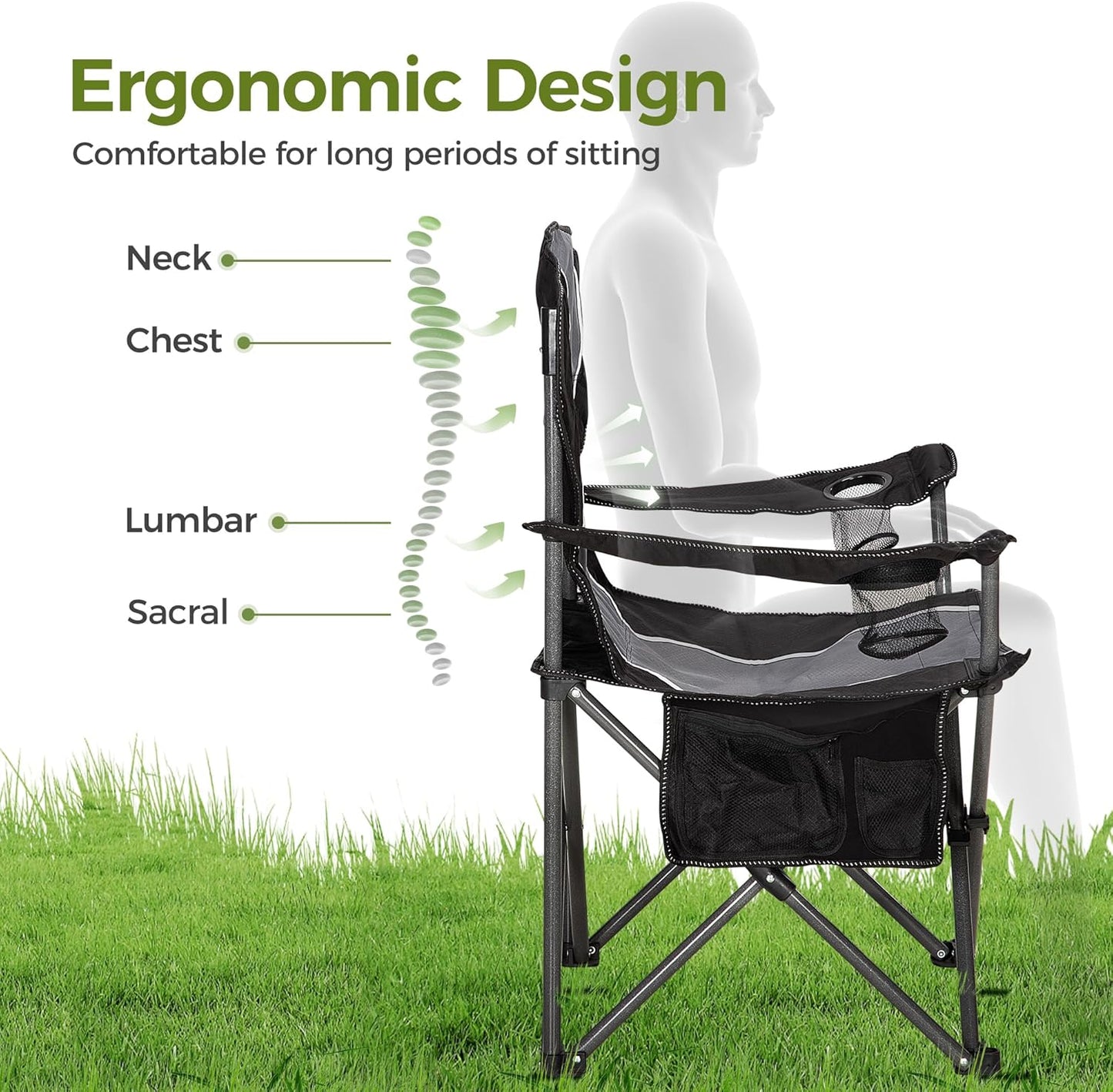 ALPHA CAMP Oversized Camping Folding Chair - Heavy Duty Steel Frame Support 350 LBS, Collapsible Padded Arm With Cup Holder, Quad Lumbar Back, Portable for Outdoor/Indoor