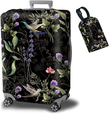Suitcase Protector Plus 1 Luggage Tag, Wild Flowers Hummingbird Travel Suitcase Cover for 28 inch Luggage with Concealed Zipper Washable Elastic Cloth Dustproof Anti-Scratch