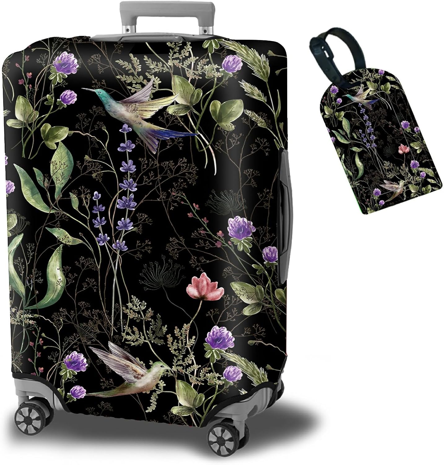 Luggage Cover Suitcase Protector + Luggage Tag, Wild Flowers Hummingbird Travel Suitcase Cover for 22-24 inch Luggage (M) with Concealed Zipper Washable Elastic Cloth Dustproof Anti-Scratch