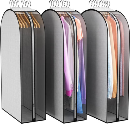 10" Gusseted Garment Bags for Hanging Clothes 40" Suit Bags for Open Closet Storage, Side Clear Clothing Cover for Coat, Dress, Jacket, Shirt, Fur Wardrobe Protector, 3 Packs, Grey