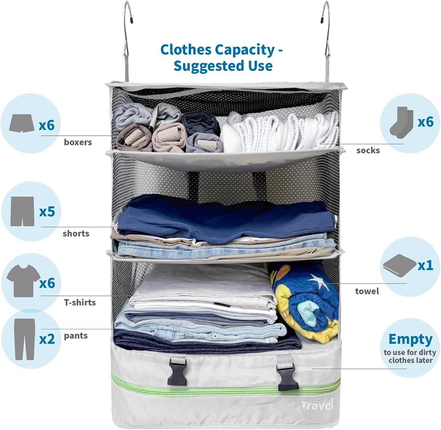 Stow-N-Go Travel Luggage Organizer – Portable Hanging Travel Shelves, Carry-On Closet Organizer, Hanging Packing Cubes, Collapsible Carry-On Organizer for Cruises & Hotels. Light Gray - XL