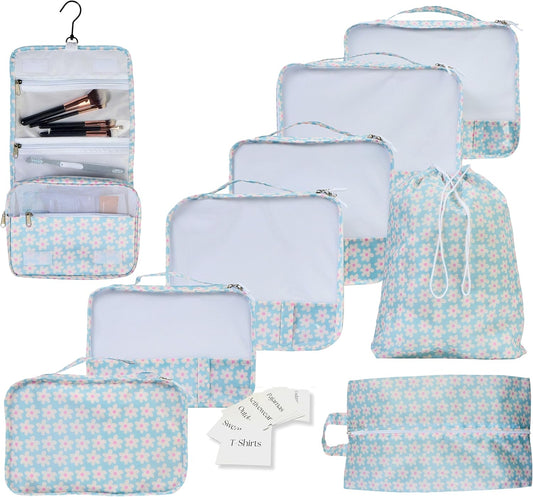 9 Set Packing Cubes - Suitcase Organizer, Cute Packing Cubes, Travel Bags Organizer for Luggage with Hanging Toiletry and Shoe Bag, Travel Essentials for Women, Men and Kids -Blue Flower