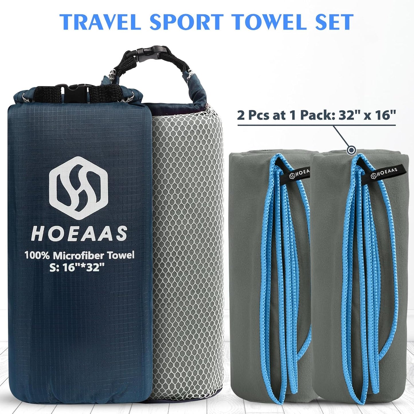 HOEAAS 2 Pack Microfiber Camping Towels, Quick Dry Towel, Super Absorbent Ultra Compact Travel Towel Soft Lightweight Sports Towel for Sweat Fast Drying Towels for Pool,Gym,Hiking,Backpacking,Fitness