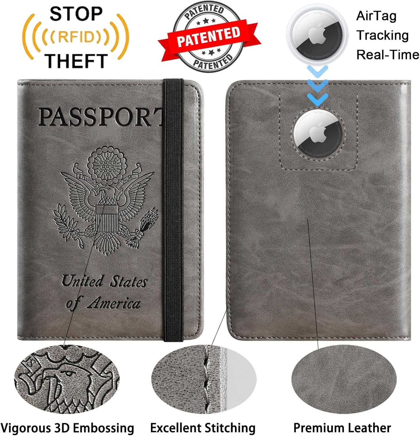 Airtag Passport Holder Cover Wallet Travel Essentials RFID Blocking Leather Card Case International Must Haves Travel Accessories for Women Men(119#Grey)