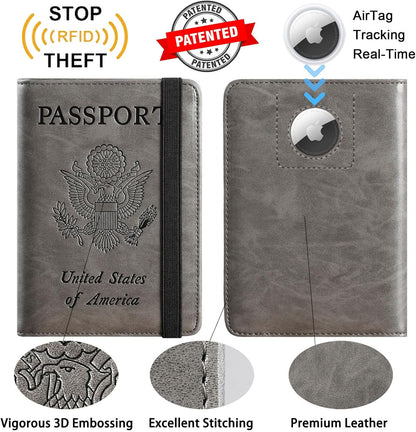 Airtag Passport Holder Cover Wallet Travel Essentials RFID Blocking Leather Card Case International Must Haves Travel Accessories for Women Men(119#Grey)