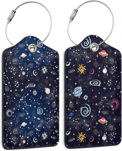 Space Moon Luggage Tags for Suitcases,2 Pack Planets Luggage Tag,Leather Stainless Steel Loop Label Tag for Women Men Girls Travel Bag Suitcase