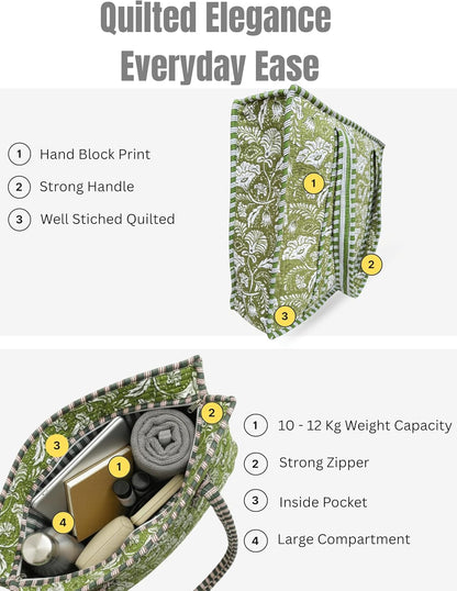 Cotton Quilted Tote Bag for Women – Large Beach & Travel Tote with Zipper, Reusable Grocery Bag