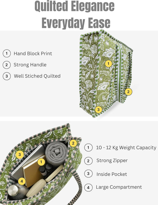 Cotton Quilted Tote Bag for Women – Large Beach & Travel Tote with Zipper, Reusable Grocery Bag