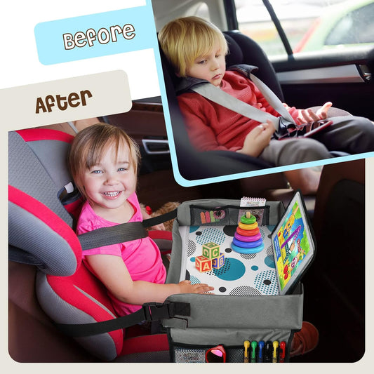 [New Version] Car Seat Organizer Kids Travel Tray for Kids Toddlers Activities in Car Seat, Stroller, Airplane | Touch Screen iPad Holder | Waterproof Dry Erase Top | Side Pocket & Water Bottle Holder