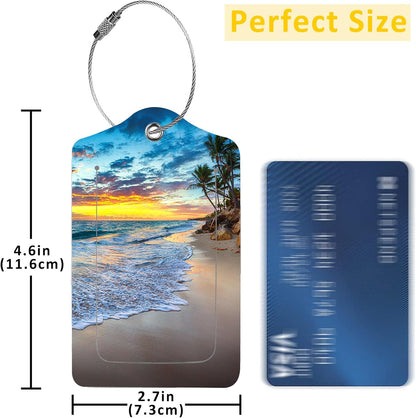 2 Pack Sunrise Over The Beach Luggage Tag for Suitcases Beach with Palm Trees PU Leather Bag Travel Suitcase ID Identifier Baggage Tags for Women Men Travel