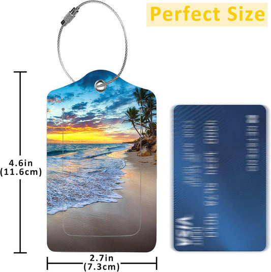 2 Pack Sunrise Over The Beach Luggage Tag for Suitcases Beach with Palm Trees PU Leather Bag Travel Suitcase ID Identifier Baggage Tags for Women Men Travel