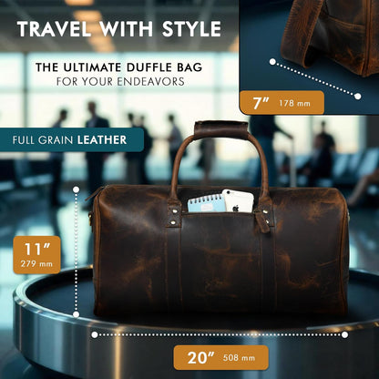 ELIZO Leather Duffle Bag For Men Women REAL FULL GRAIN Travel Overnight Weekender Carry On Luggage Sports Gym Bags (Antique 20 Inch) Nomad