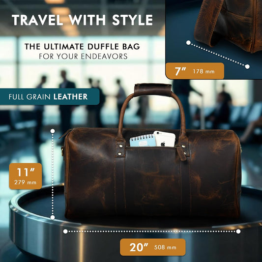 ELIZO Leather Duffle Bag For Men Women REAL FULL GRAIN Travel Overnight Weekender Carry On Luggage Sports Gym Bags (Antique 20 Inch) Nomad