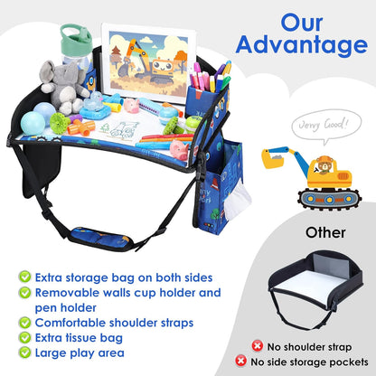 Kids Travel Tray for Airplane - Toddler Car Seat Table Tray, Road Trip Essentials for Boys & Girls, Carseat Lap Desk for Kids Road Trip Activities (Dark Blue Car)
