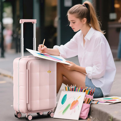 MGB 20 Inch Top Open Carry On Luggage 22x14x9 Airline Approved, 100% PC Hard Shell Carry On Suitcase with Spinner Wheels, Front Opening Travel Luggage for Women Men Gifts. Pink