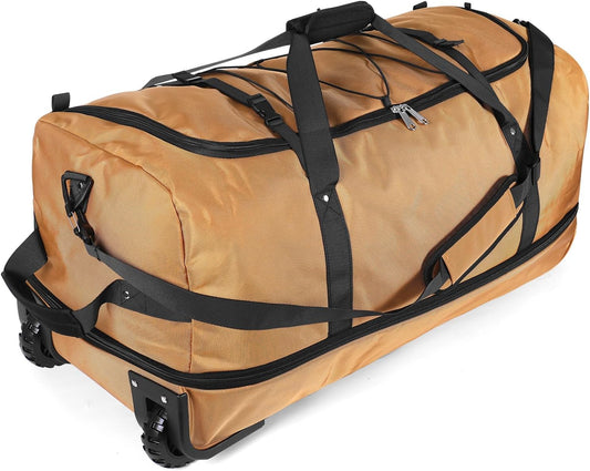 110L/140L Expandable Soft-Sided Foldable Duffle Bag with 2 Rubber Wheels,Packable 32” Rolling Carry-On with Multi-Pockets & Compartments,Coffee