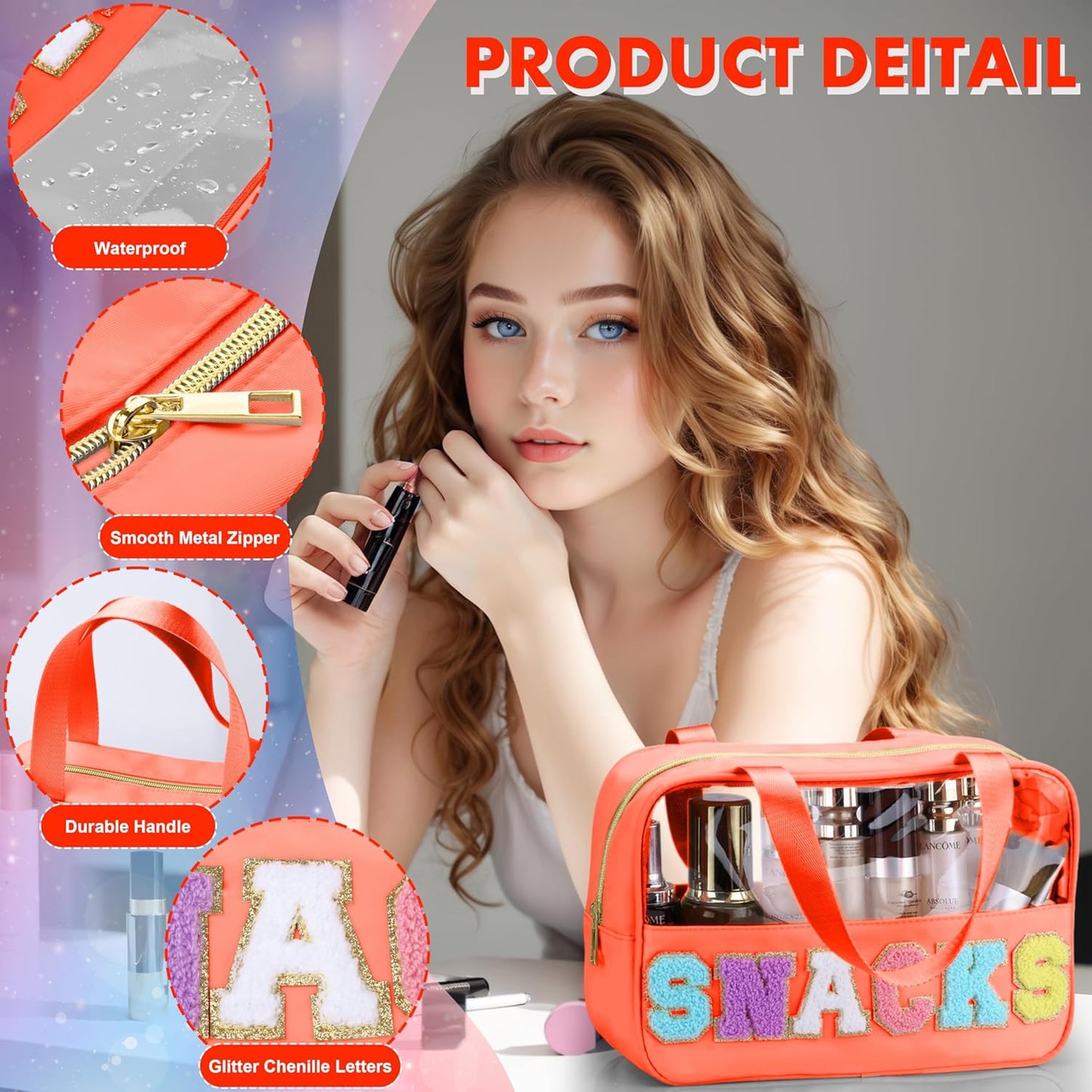 Snack Bag for Travel - Chenille Letter Clear Makeup Bag, Large Preppy Patch Snack Cosmetic Bag with Handle and Zipper, Cute Makeup Pouch Nylon&PVC Waterproof Toiletry Organizer Storage for Women Girls