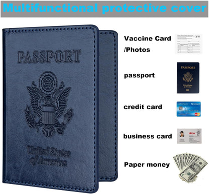 Herain Passport Holder 2Pcs, Passport Cover Wallet Case for Women Men Family, Passports Book Holders Travel Must Haves Cruise Ship Essentials (Dark Blue & Rose Gold)