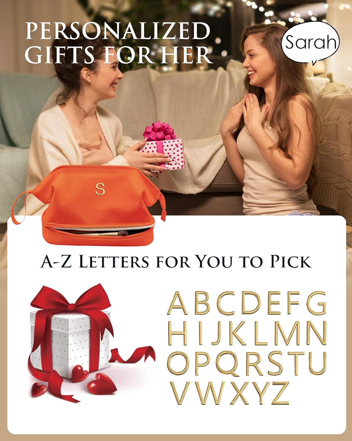 Gift for Granddaughter, Travel Gifts for Women-Initial Makeup Bag, Personalized Double Layer Cosmetic Bag with Makeup Brush Organizer,Birthday Gifts for 9 10 11 12 13 14 Year Old Girls