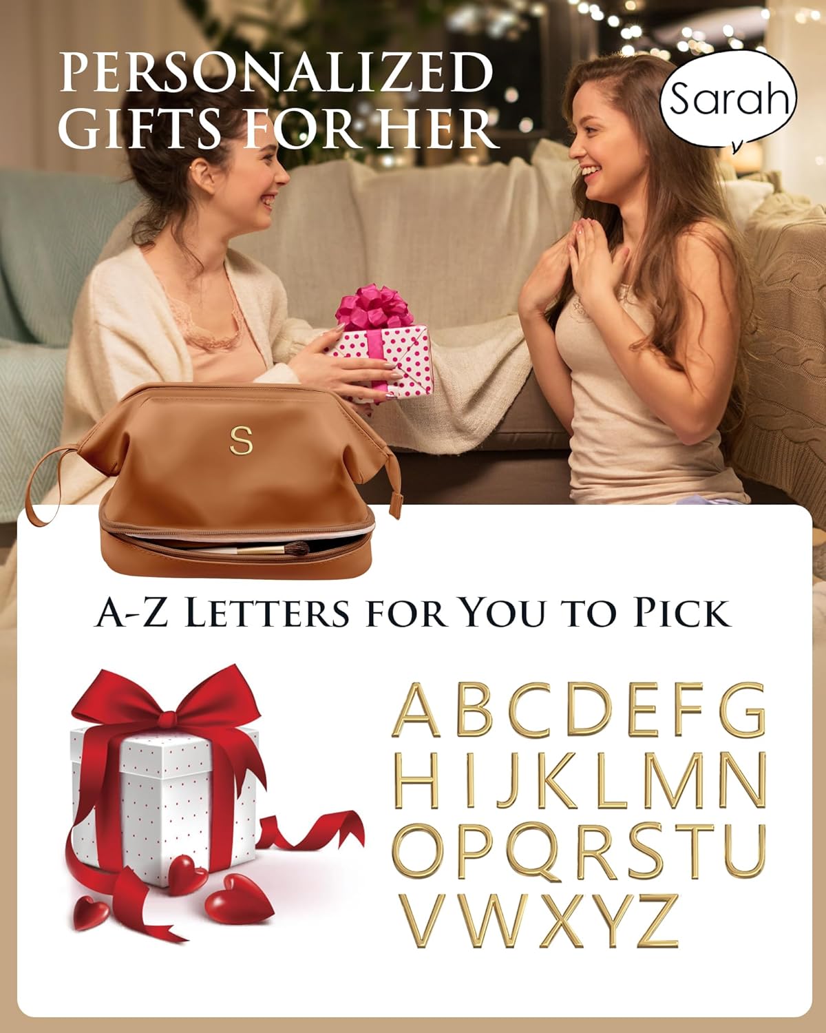 Teacher Gifts, Personalized Makeup Bag, Monogrammed Gifts, Initial Double Layer Cosmetic Bag with Makeup Brush Organizer, Travel Toiletry Bag, Gifts for Friends Female Mom, Teen Girl Gifts