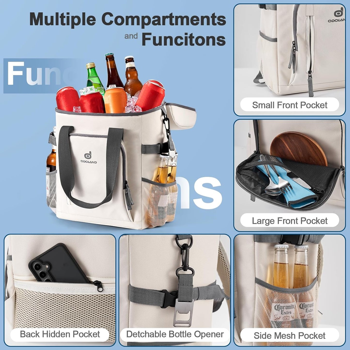 Odoland Cooler Backpack, 30 Cans Insulated Leak-Proof Cooler Bag with Ice Pack for Women and Men, Waterproof Beach Lunch Cooler