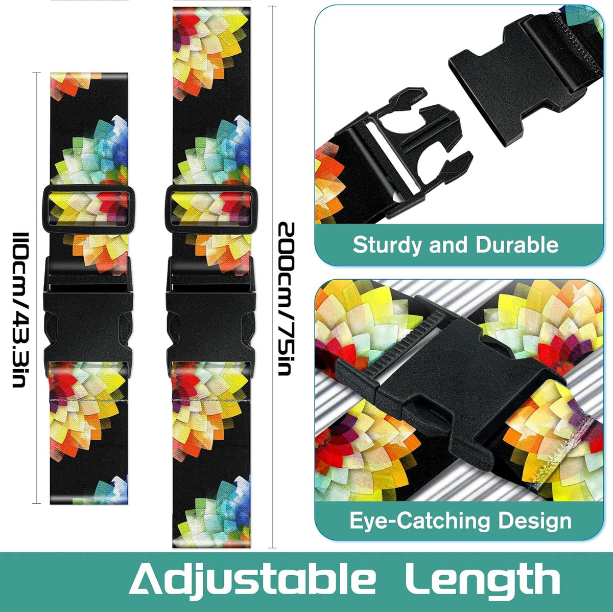 Slohif Luggage Straps for Suitcases Travel Belt Accessories Luggage Connector Identifiers Over Handle with Buckle Unique Nylon Adjustable Strap for Sleeping Bag Car Seat Colorful Flower (2 Pack)