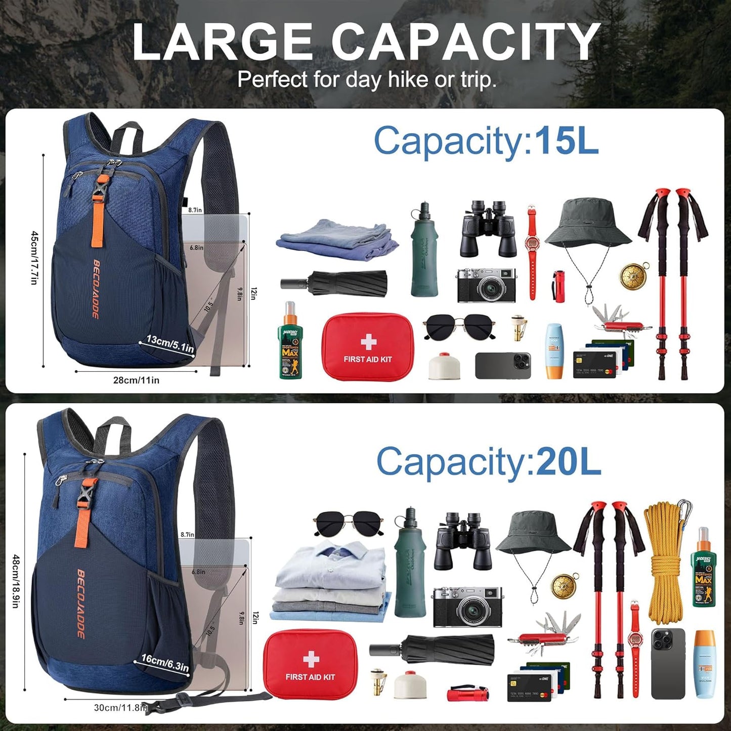 20L Small Hiking Backpack for Men Women Foldable Packable Back Pack Ultralight Hiking Daypack for Travel Camping Outdoor, Navy Blue