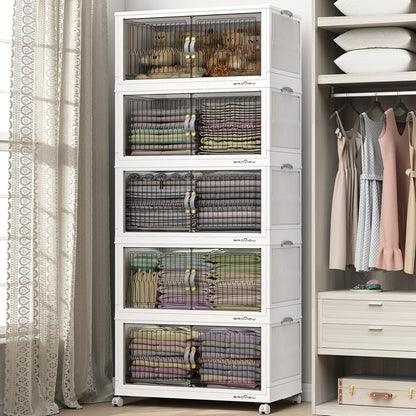 BROVIEW 600Qt Stackable Storage Bins with Lid, Extra Large Closet Organizer Collapsible Drawer Boxes with Wheels, Folding Plastic Cabinet Containers for Home Kitchen Room Organization, 5Pack White
