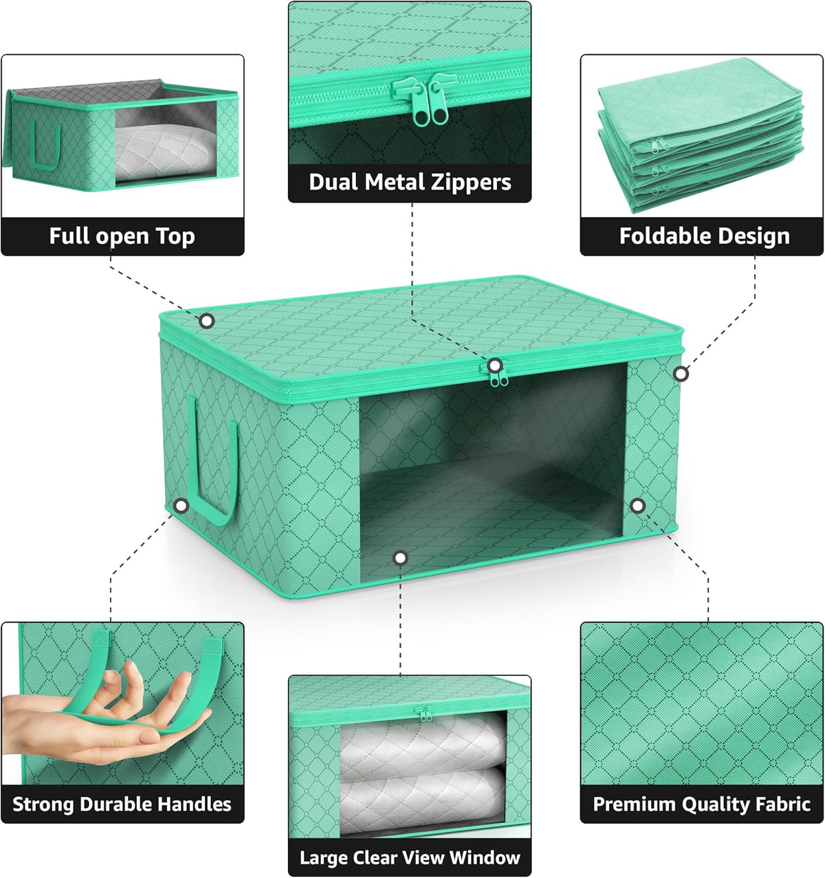 Sorbus Foldable Storage Bag Organizers, Large Clear Window & Carry Handles, Great for Clothes, Blankets, Closets, Bedrooms, and more (3-Pack, Teal)