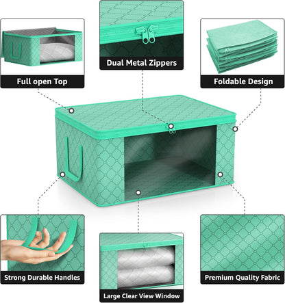 Sorbus Foldable Storage Bag Organizers, Large Clear Window & Carry Handles, Great for Clothes, Blankets, Closets, Bedrooms, and more (3-Pack, Teal)