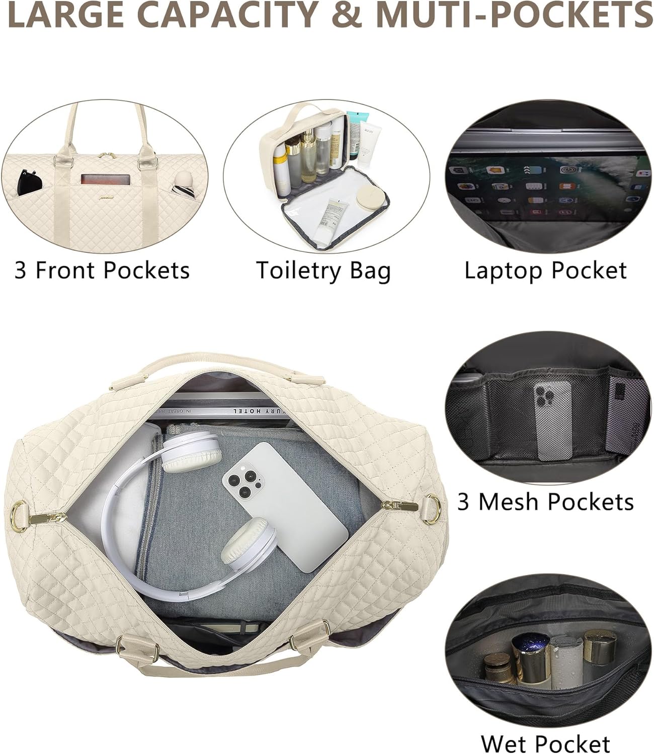 Weekender Travel Duffle Bag for Women - Carry on Bag with Shoe Compartment Overnight Bags with Toiletry Bag Wet Pocket Weekend Traveling Yoga Gym Hospital Bags for Labor and Delivery Beige