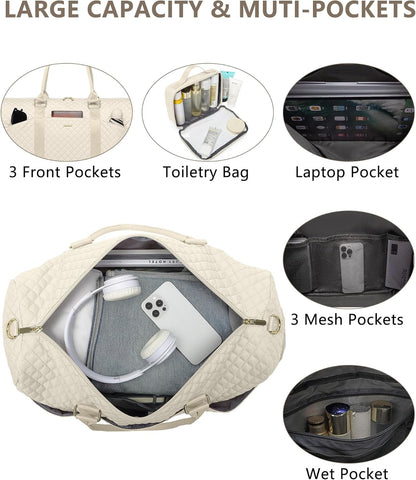 Weekender Travel Duffle Bag for Women - Carry on Bag with Shoe Compartment Overnight Bags with Toiletry Bag Wet Pocket Weekend Traveling Yoga Gym Hospital Bags for Labor and Delivery Beige
