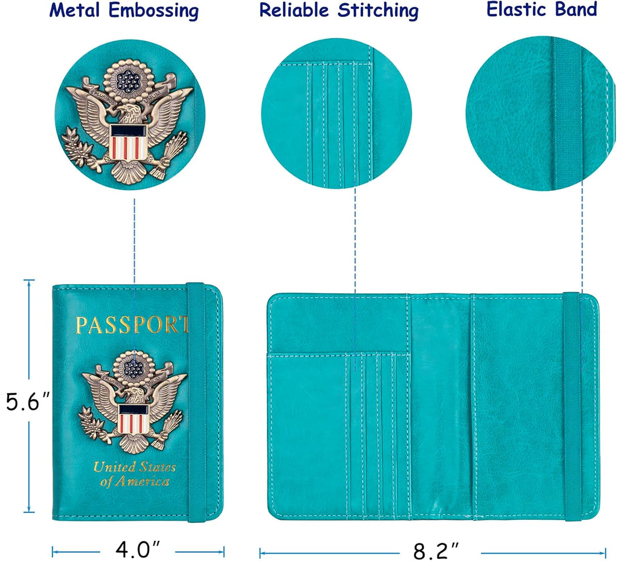 TOURSUIT RFID Blocking Passport Holder for Women Men, Leather Passport Travel Wallet with Metal 3D Metal Badge, Travel Document Holder Cover Accessories (Light Blue)