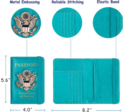 TOURSUIT RFID Blocking Passport Holder for Women Men, Leather Passport Travel Wallet with Metal 3D Metal Badge, Travel Document Holder Cover Accessories (Light Blue)