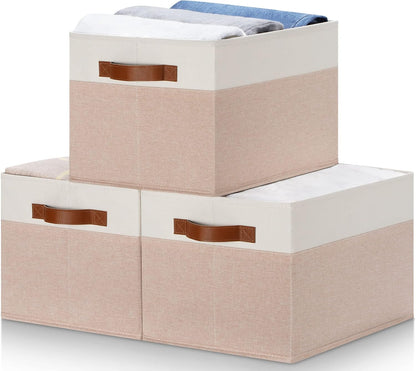 Large Fabric Storage Bins, Foldable Fabric Storage Baskets for Shelves, Sturdy Storage Boxes with PU Handles for Organizing Closet Home Bedroom Office (26L, 3 Packs, Pink&White)