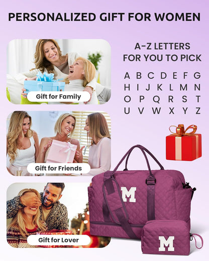 Birthday Gifts for 4 5 6 7 8 9 10 11 12 13 Year Old Girls-Initial Travel Bag with Shoe Compartment, Weekender Bag, Overnight Bag for Women, Letter Travel Bag with Makeup Bag (Letter W)