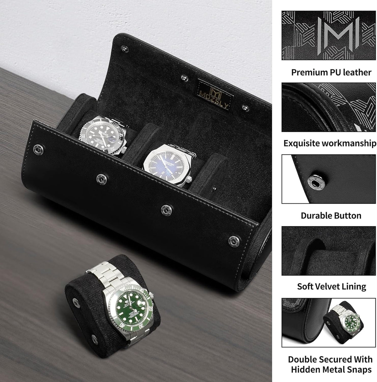 MOZSLY Watch Roll Travel Case 3 Slots Portable Watches Box Organizer Storage Holder Pattern PU Leather