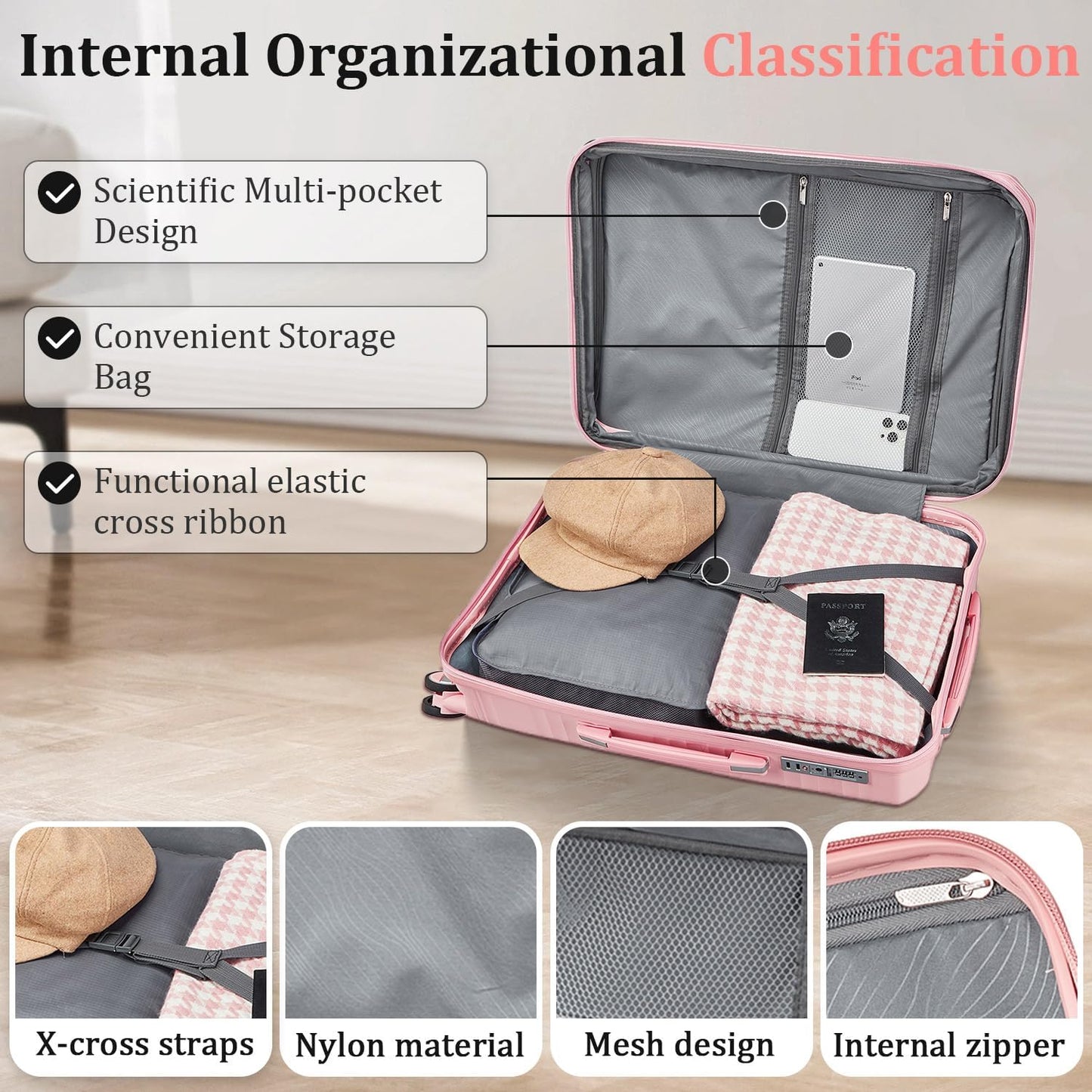 4-Piece Expandable Hardshell Luggage Set with TSA Lock (14/20/24/28) - Lightweight PP Suitcases, 360° Silent Spinner Wheels and Durable 100LB Handle for Air Travel (Pink)