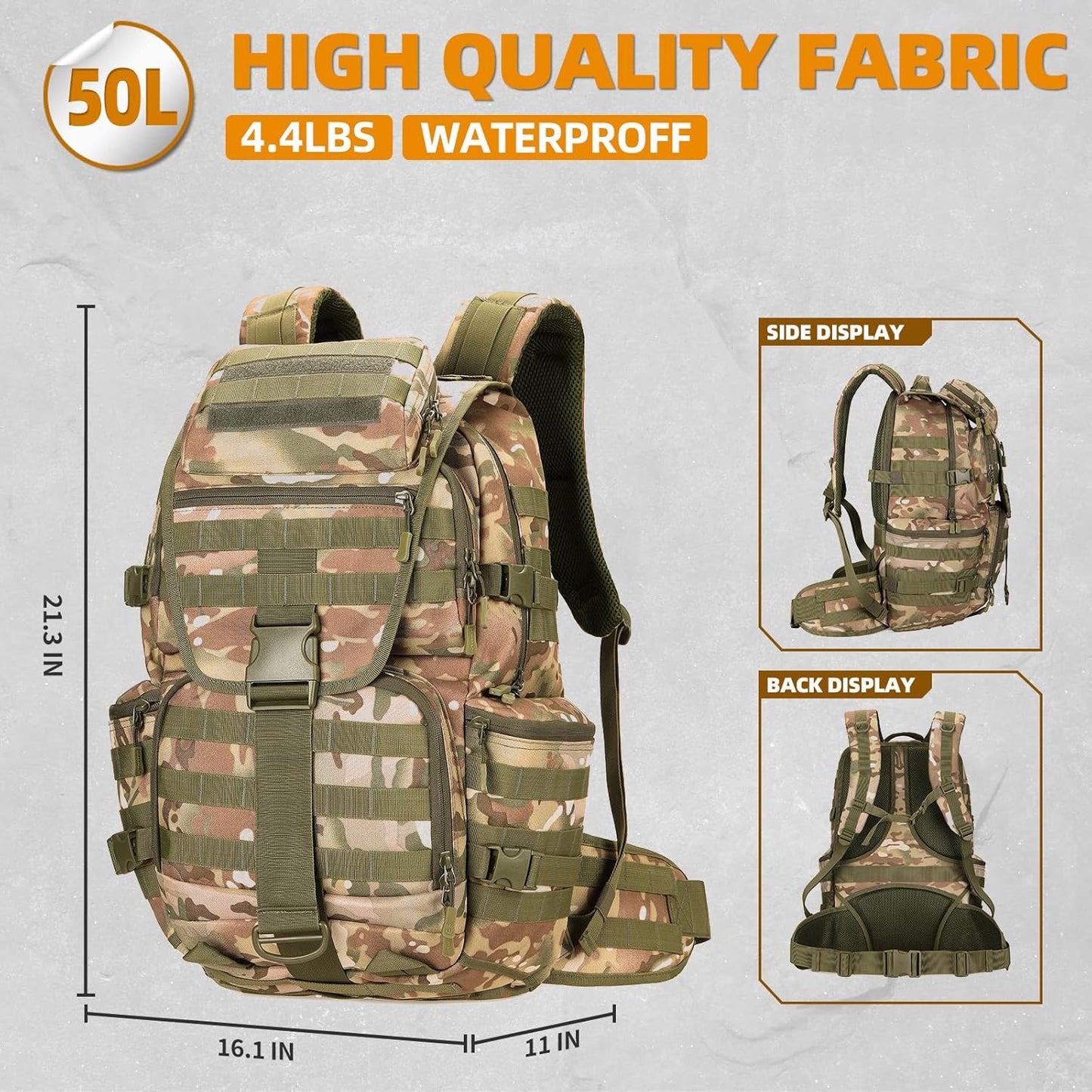 50L Military Tactical Backpack Hiking Waterproof Backpack Large Military Pack 3 Day Assault Pack Molle Bag Rucksack